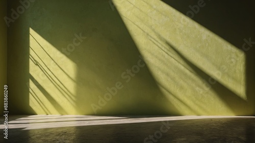 Minimal abstract light chartreuse background for product presentation Shadow and light from windows on plaster wall. photo