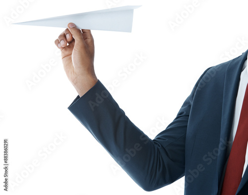 Hand, business and person with paper plane, closeup and model isolated on white studio background. Employee, corporate professional or risk analyst with origami, stock market and inflation or growth