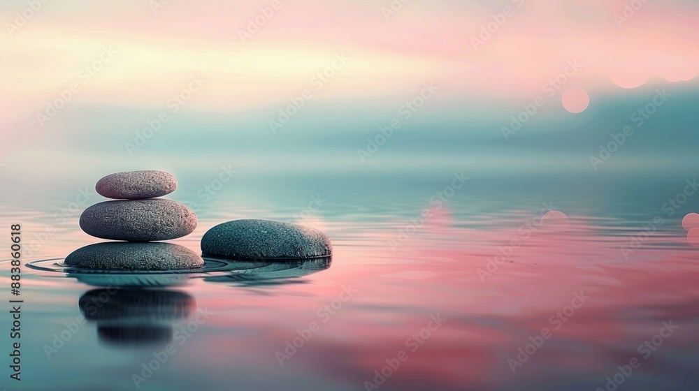 custom made wallpaper toronto digitalPeaceful zen stones mirrored in serene turquoise waters set against a gentle pink horizon. The blurred backdrop provides ample space for text or design.