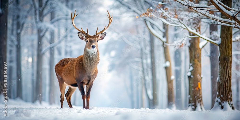 Deer standing in a winter forest as snow falls softly from the sky, deer, forest, snow, winter, wildlife, nature, cold Deer standing in a winter forest as snow falls softly from the sky, deer, forest, snow, winter, wildlife, nature, cold