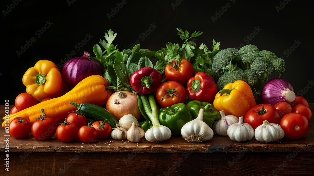 A vibrant display of crisp vegetables captured in a professional photoshoot. Arranged on a rustic wooden surface against a dark backdrop they showcase the vibrant hues and textures of nature's bounty. A vibrant display of crisp vegetables captured in a professional photoshoot. Arranged on a rustic wooden surface against a dark backdrop they showcase the vibrant hues and textures of nature's bounty.