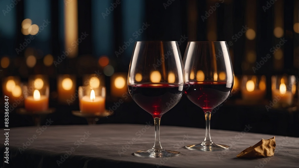 In an elegant celebration of indulgence, two crystal wine glasses stand poised, each filled with the rich hue of velvety red wine, their slender stems reflecting the soft glow of candlelight. In an elegant celebration of indulgence, two crystal wine glasses stand poised, each filled with the rich hue of velvety red wine, their slender stems reflecting the soft glow of candlelight.