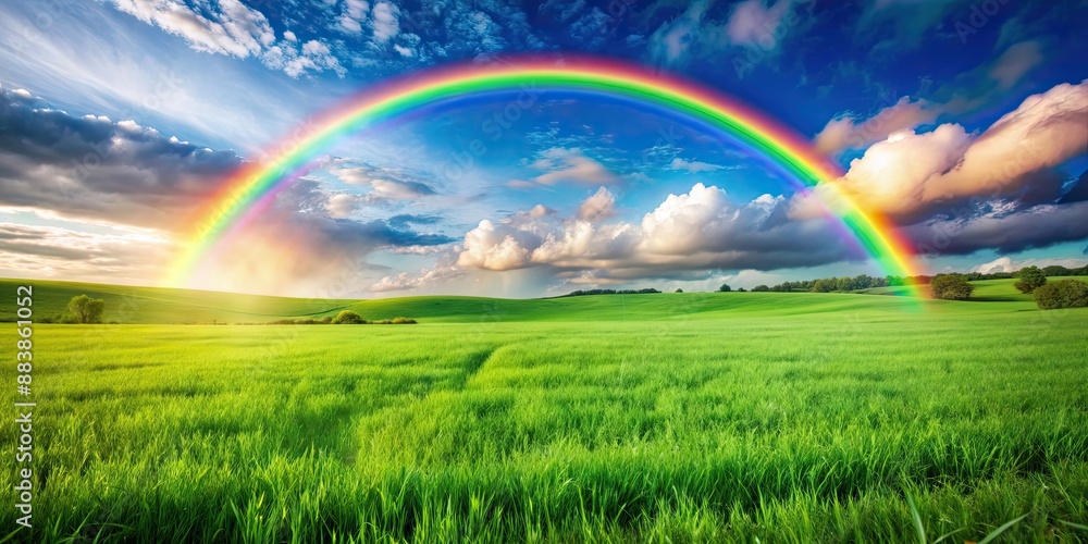 Naklejka premium Vibrant rainbow over a serene meadow, rainbow, meadow, colorful, nature, landscape, vibrant, beautiful, sky, grass, peaceful