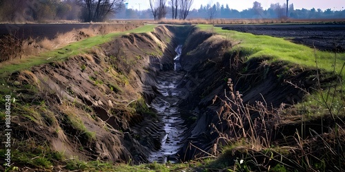 A drainage ditch is dug in a field with a small culvert. Concept Landscaping, Drainage Systems, Culvert Installation, Field Maintenance, Soil Erosion