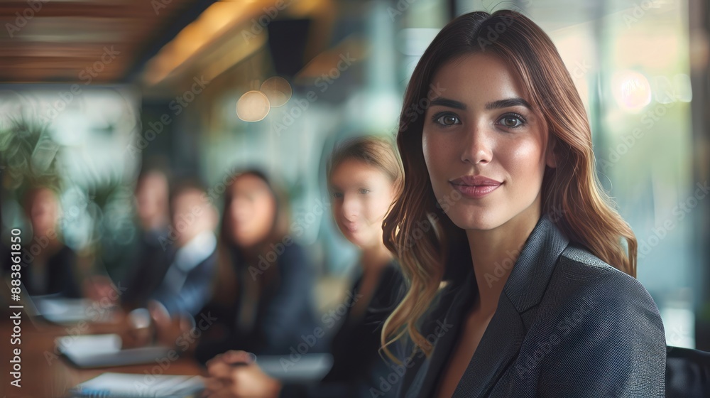 Fototapeta premium A young professional woman in a business suit confidently leading a team meeting in a boardroom