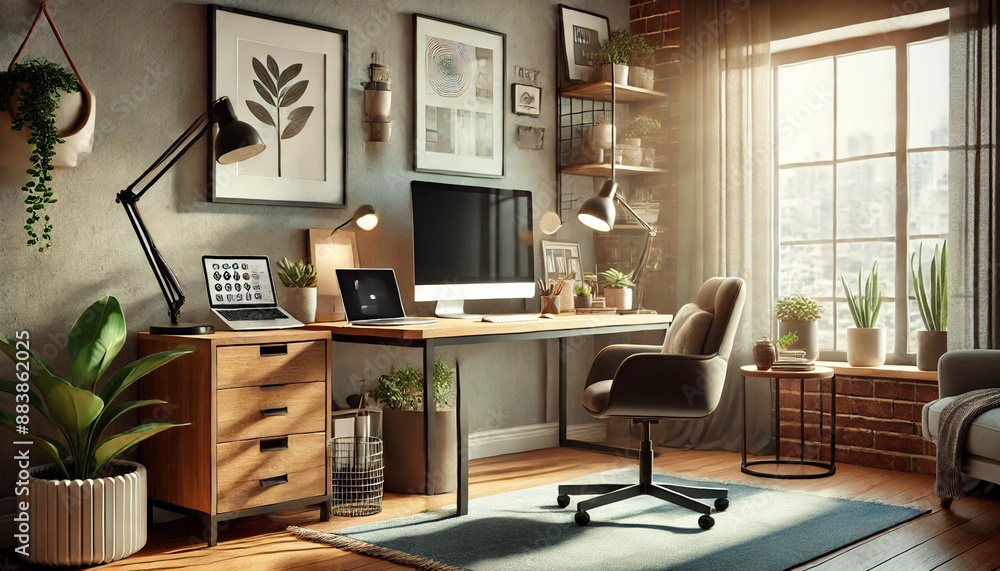 A modern and stylish home office setup featuring A modern and stylish home office setup featuring
