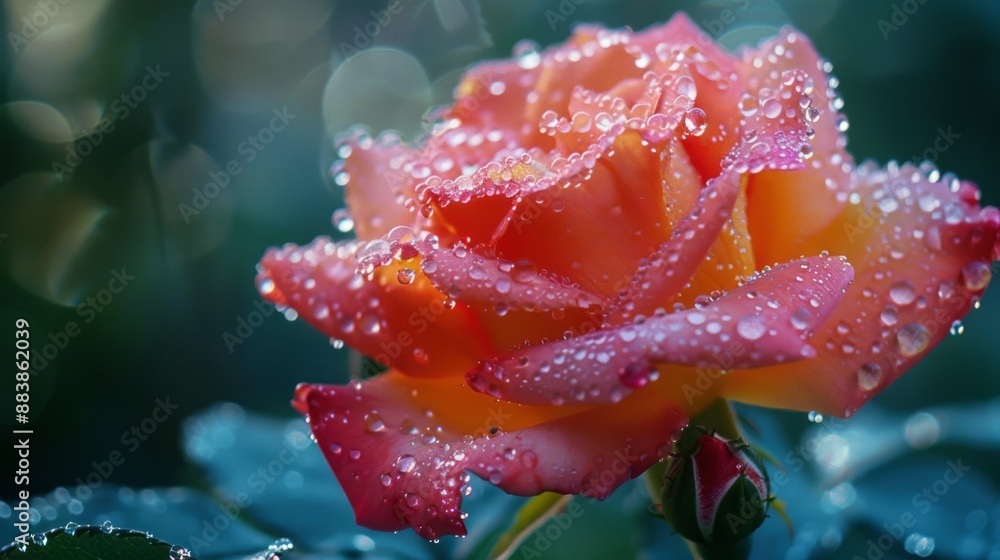 A macro shot of dewdrops on the petals of a blooming rose in a garden A macro shot of dewdrops on the petals of a blooming rose in a garden