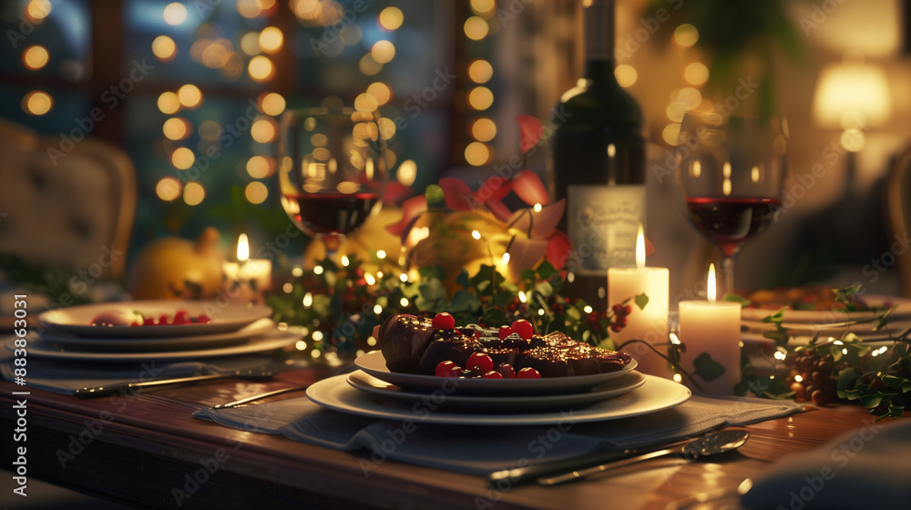 Gourmet food and wine pairing, Elegant dining table with dishes and wine glasses, Candlelit setting, Warm ambient lighting Gourmet food and wine pairing, Elegant dining table with dishes and wine glasses, Candlelit setting, Warm ambient lighting