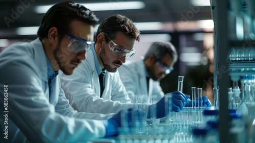 Scientists in a laboratory conducting experiments with test tubes and high-tech equipment