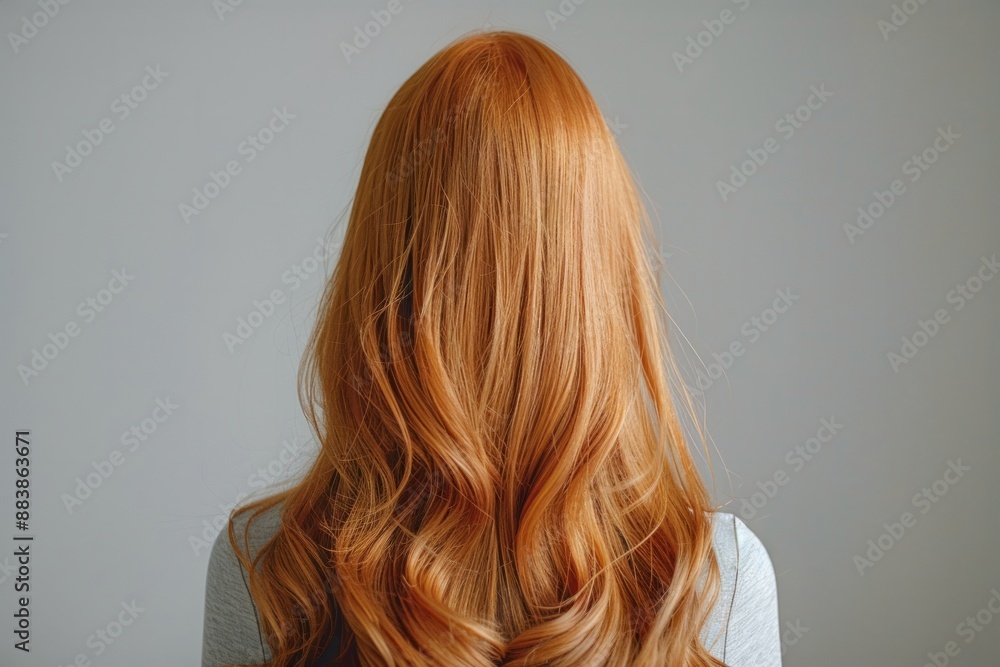 Naklejka premium Back view of woman with long ginger shiny hair on grey background. Concept: beauty eco product design, haircare, hair coloring techniques, dyeing, woman's health