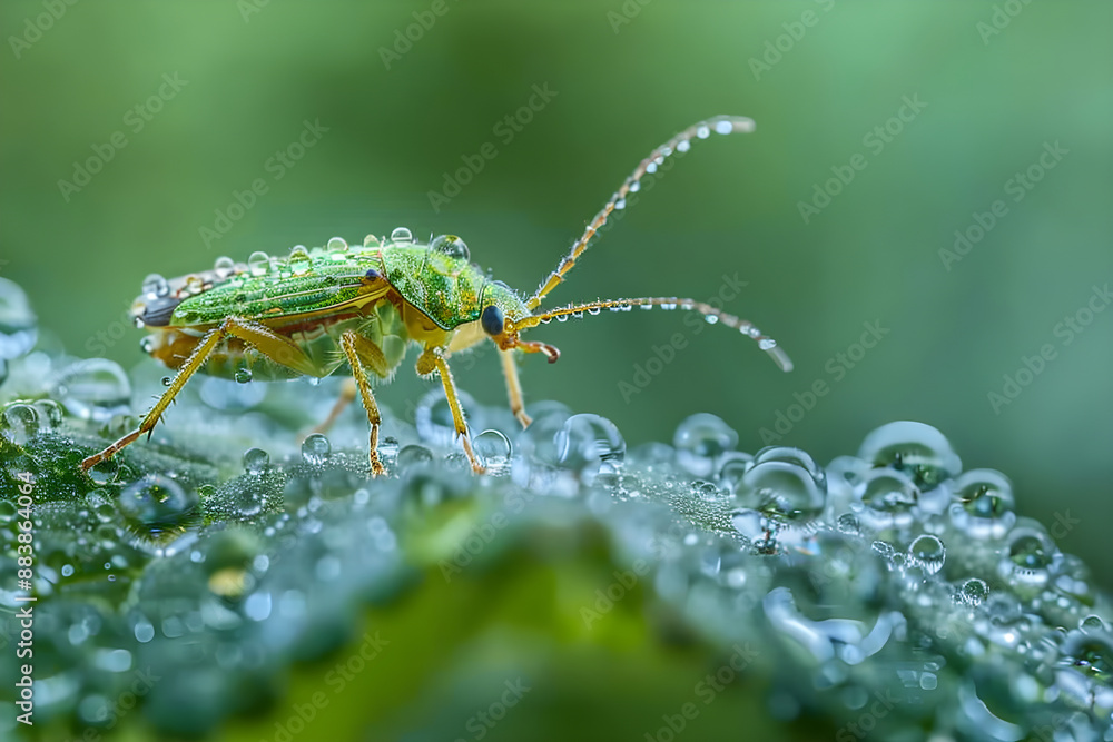 Macro Shot of a Bug on a Dew-Covered Leaf: Detailed View of Nature's Micro-Ecosystem and Intricate Insect Anatomy Macro Shot of a Bug on a Dew-Covered Leaf: Detailed View of Nature's Micro-Ecosystem and Intricate Insect Anatomy