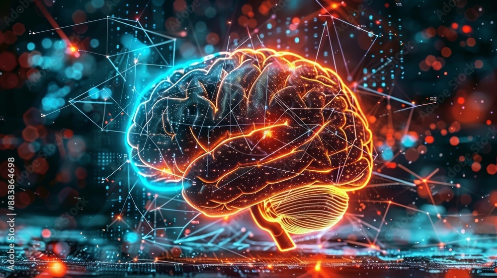 A 3D illustration of a brain with a blue and red color scheme A 3D illustration of a brain with a blue and red color scheme
