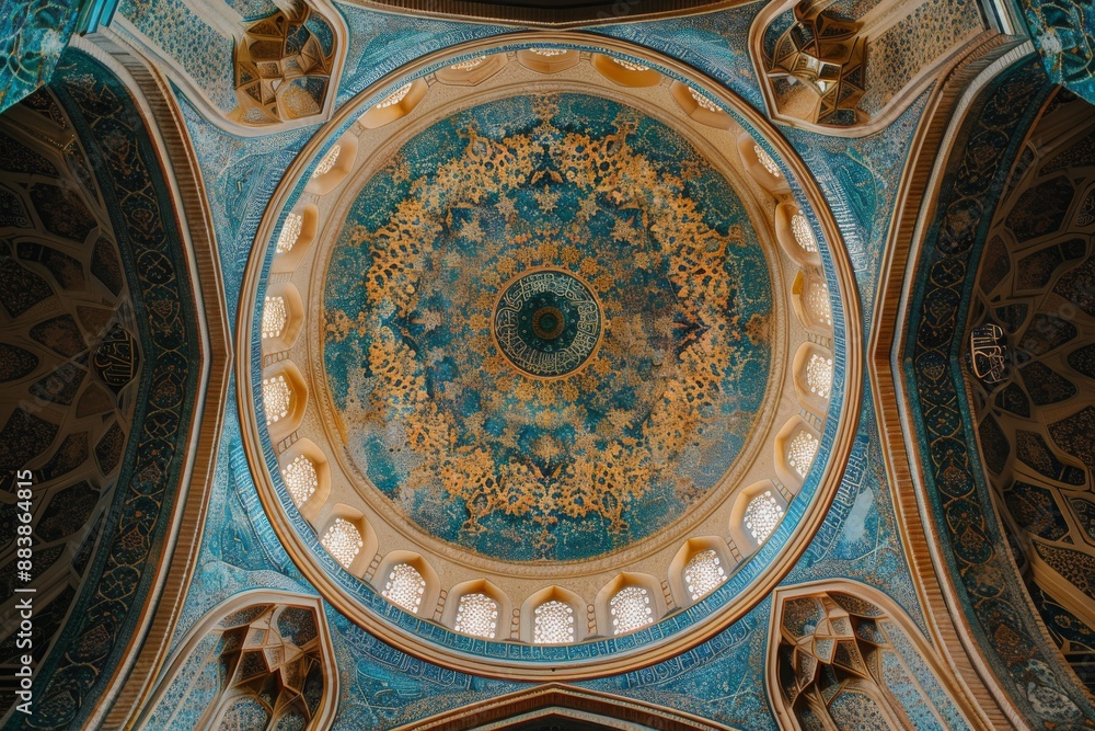 Blue and Gold Dome Interior of a Mosque Blue and Gold Dome Interior of a Mosque