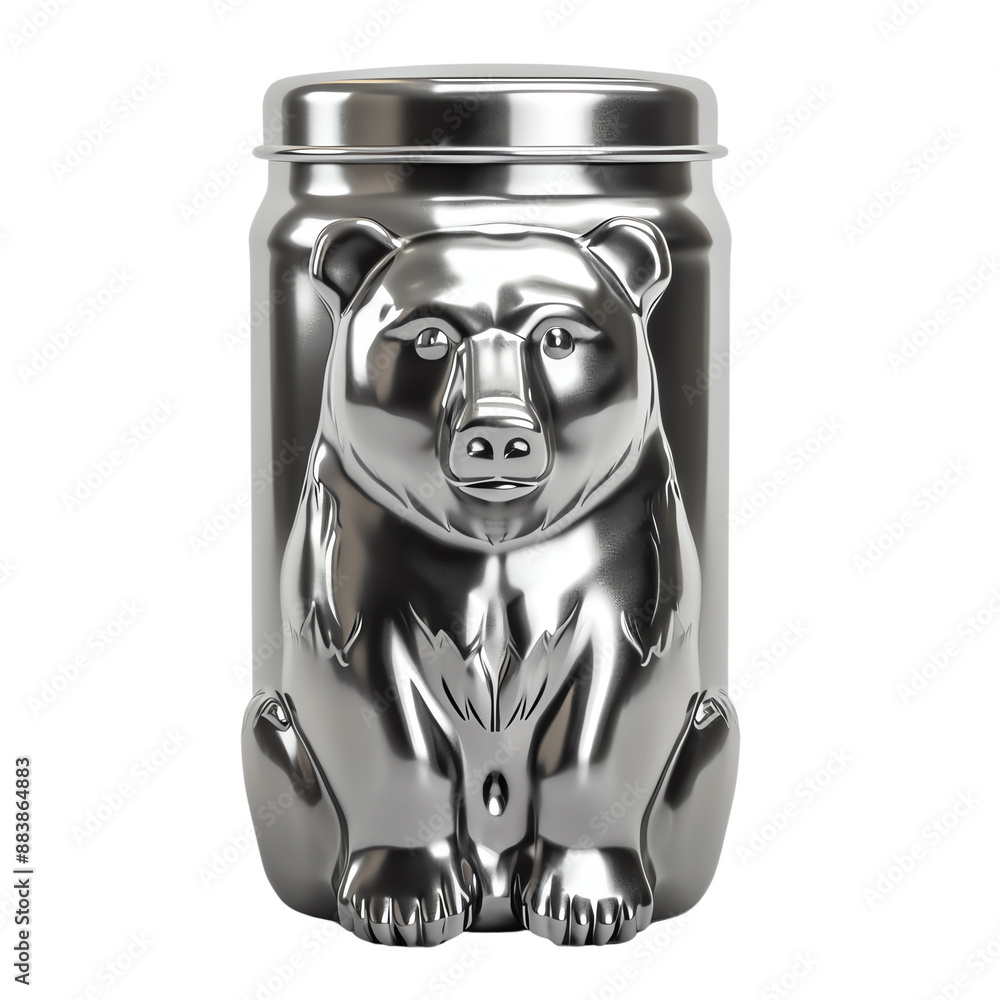 A shiny silver metal food container in the shape of a bear. Perfect for storing cookies, tea, or small kitchen items. A shiny silver metal food container in the shape of a bear. Perfect for storing cookies, tea, or small kitchen items.