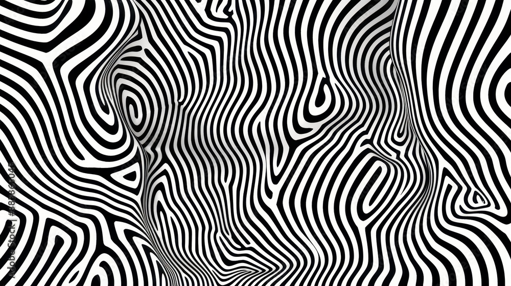 Abstract black and white optical illusion with wavy lines creating a hypnotic, distorted effect. Perfect for backgrounds and design projects. Abstract black and white optical illusion with wavy lines creating a hypnotic, distorted effect. Perfect for backgrounds and design projects.
