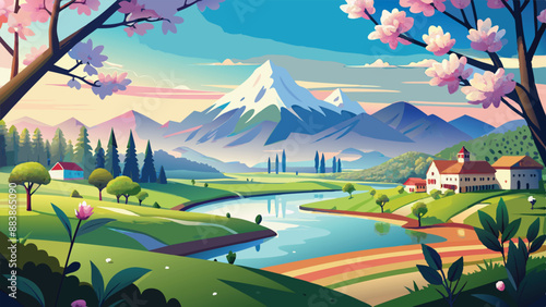 spring landscape background, simple, vector art illustration.AI GENERATED