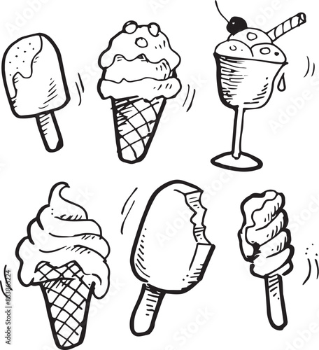 set of ice cream in doodle style hand drawn vector