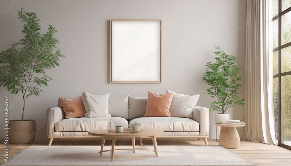 Obraz premium Living Room Wall Art: 3D Render of Modern Interior with ISO A Paper Size Frame Mockup