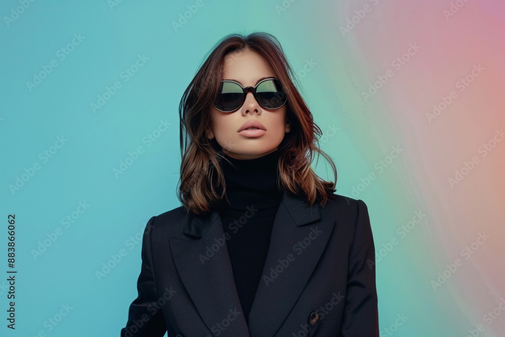 a woman wearing sunglasses and a black jacket a woman wearing sunglasses and a black jacket
