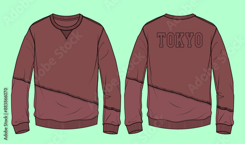 mens terry fleece crew neck sweatshirt fashion illustration flat sketch vector. 