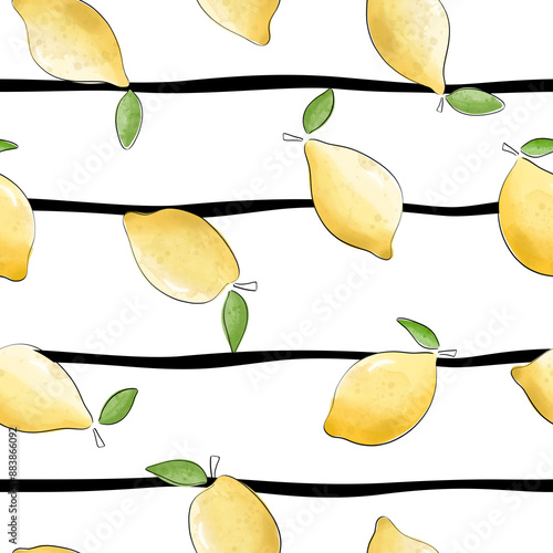 Seamless pattern with lemon on strip background