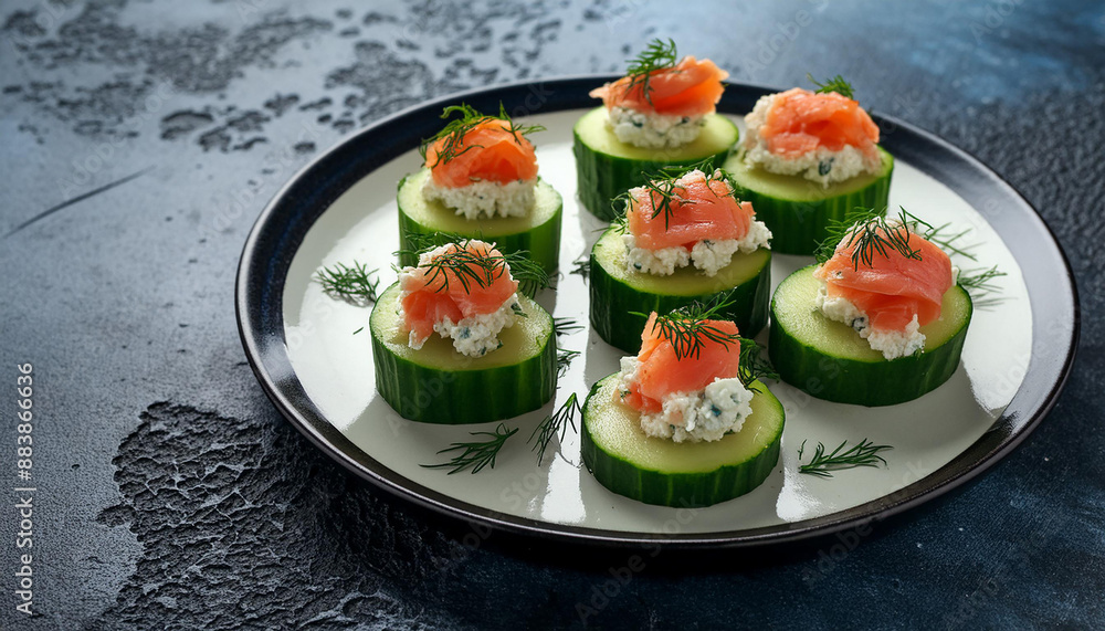Cucumber slices with cream cheese, smoked salmon and dill, delicious appetizer. Tasty finger food Cucumber slices with cream cheese, smoked salmon and dill, delicious appetizer. Tasty finger food