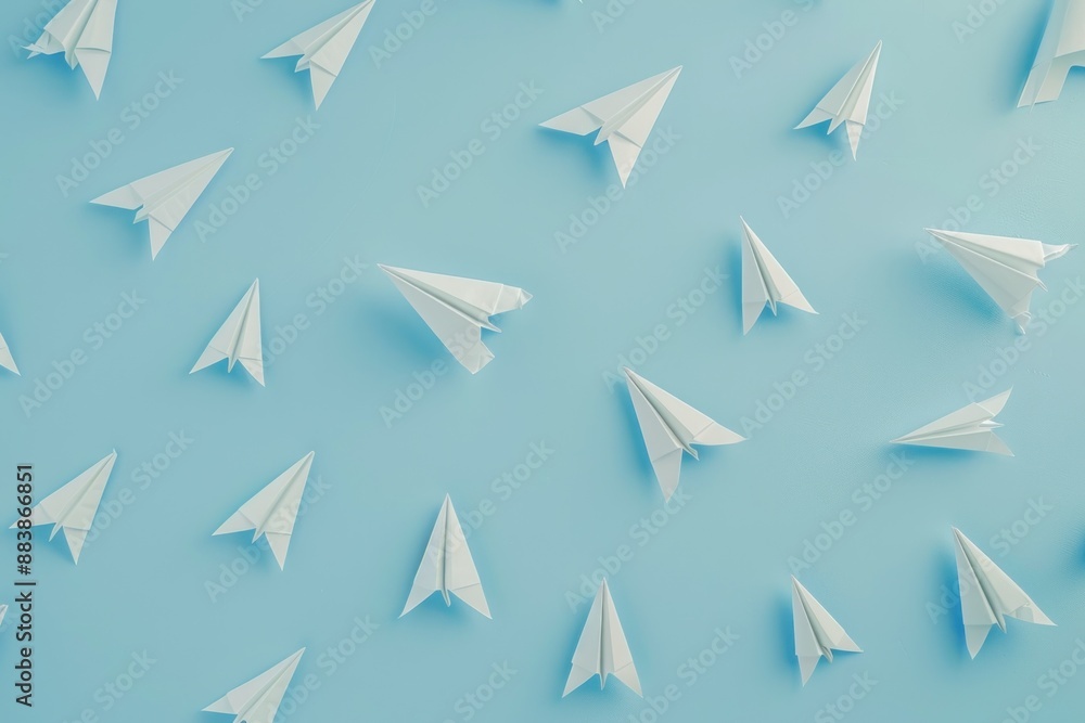 An array of paper airplanes demonstrating in the same direction over a pale blue setting An array of paper airplanes demonstrating in the same direction over a pale blue setting