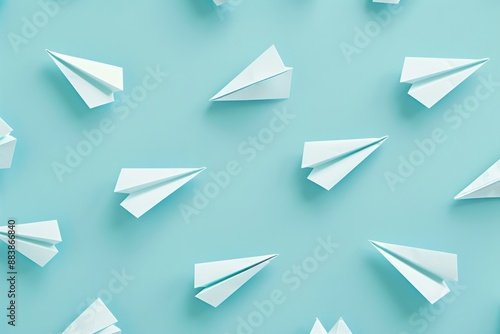 Free Download An array of paper airplanes demonstrating in the same direction over a pale blue setting - GFXLoad