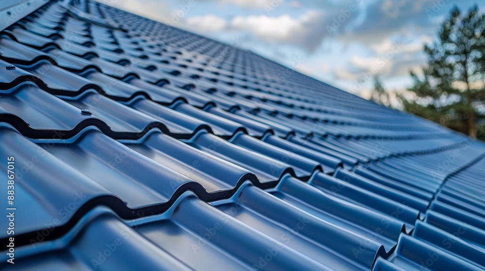 Naklejka premium Roof of house is covered with black metal modern roofing material against the sky close-up