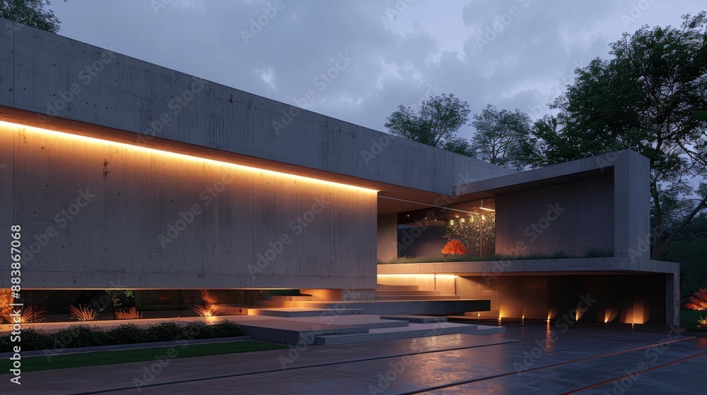 Modern concrete house with grey walls and lights in evening futuristic residential building exterior. Concept of future night garage minimalist design. Modern concrete house with grey walls and lights in evening futuristic residential building exterior. Concept of future night garage minimalist design.