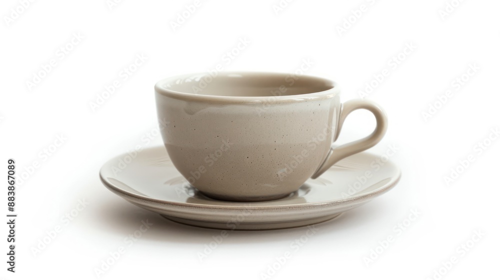 Studio shot of a coffee cup and saucer on a white background.