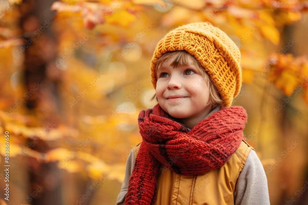 Autumn mood - Little happy child boy with a smile on fall nature background, Hello autumn, Stylish children kid Autumn mood - Little happy child boy with a smile on fall nature background, Hello autumn, Stylish children kid