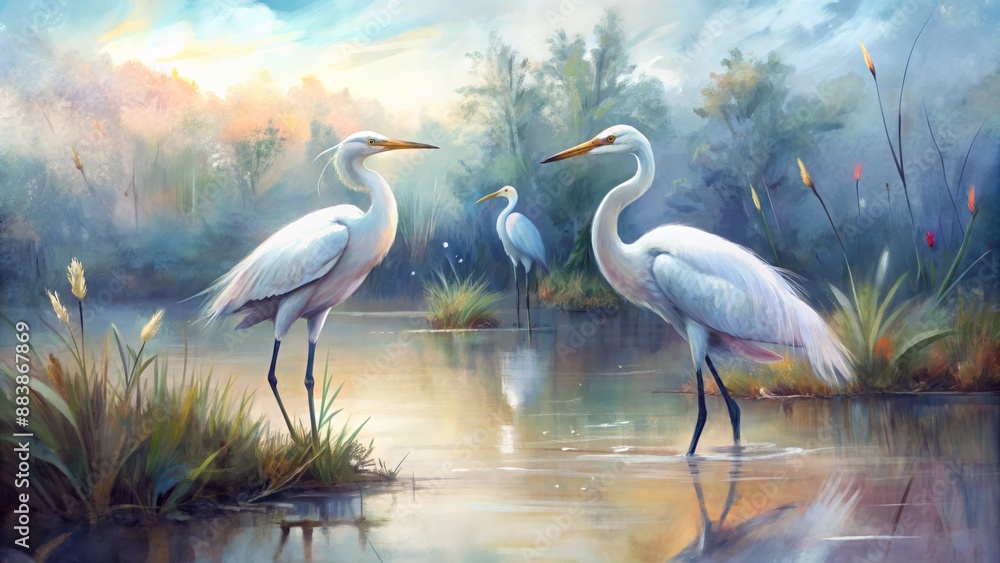 Fototapeta premium Graceful egrets wading in a marsh,digital, illustration, watercolor