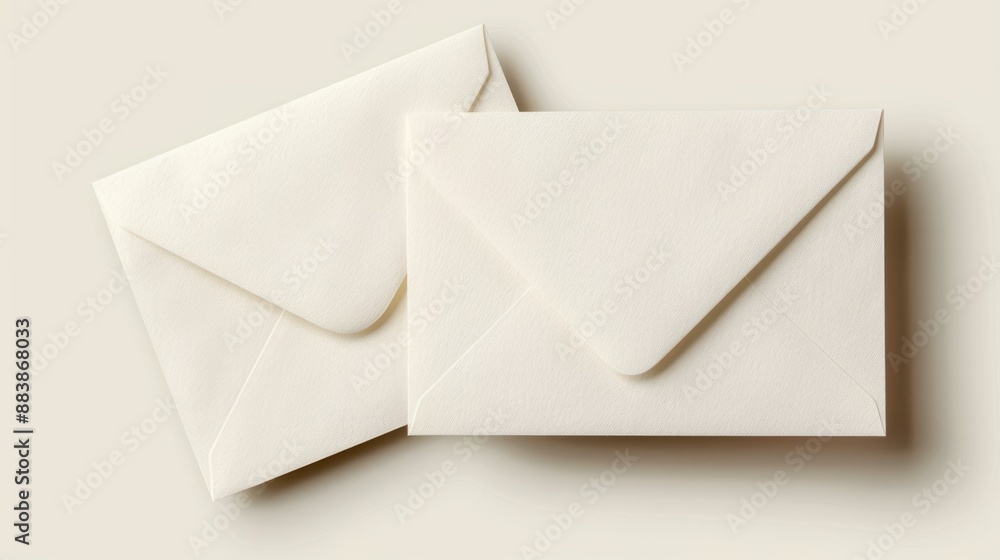 Blank card with white envelope on ivory background. Top view, shadows. Perfect for stationery. Blank card with white envelope on ivory background. Top view, shadows. Perfect for stationery.
