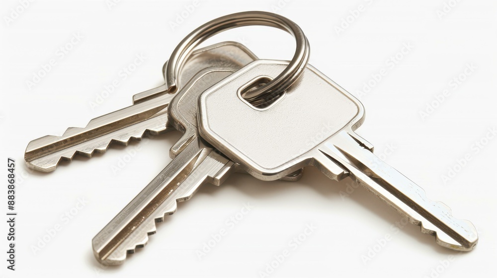 House keys with a houseshaped keychain on a white background for a simple and stylish look.