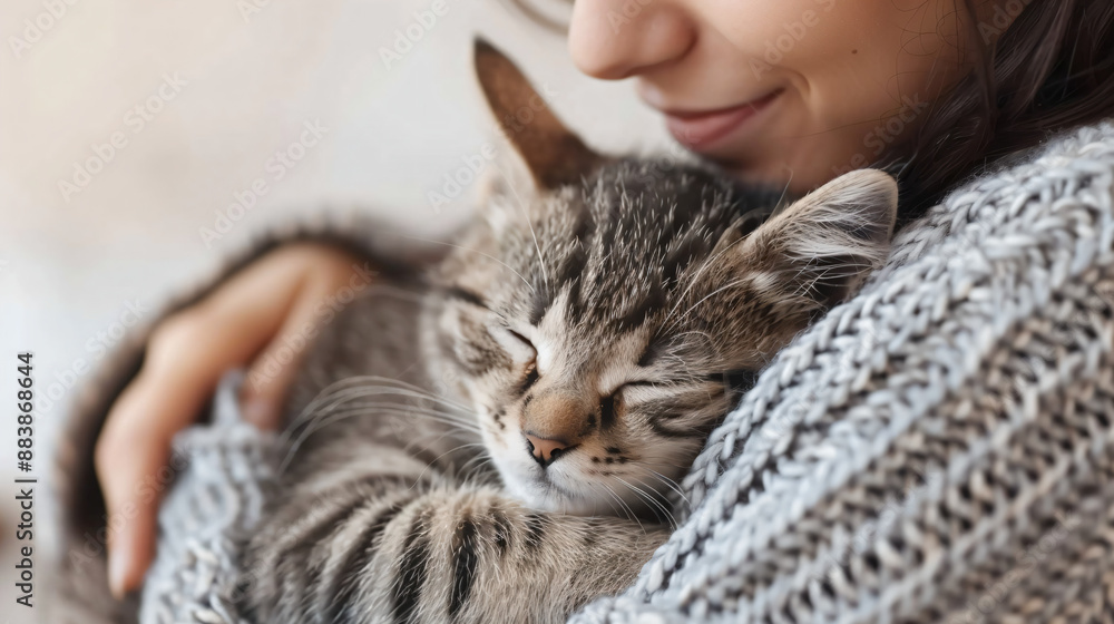 Woman Holding Sleeping Kitten. Woman Holding Sleeping Kitten.