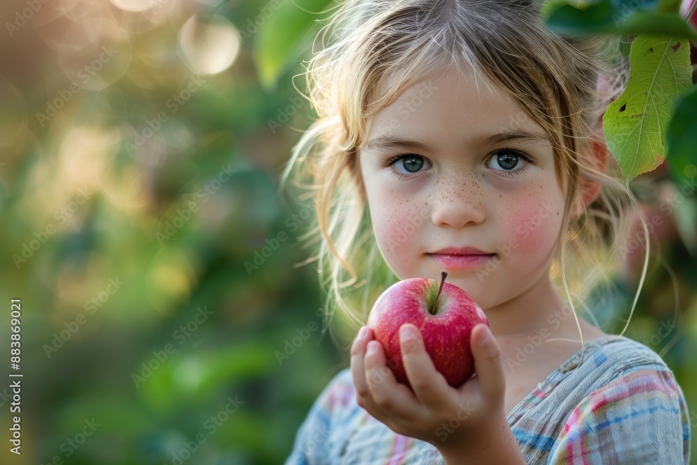 A young girl is holding an apple in her hand A young girl is holding an apple in her hand