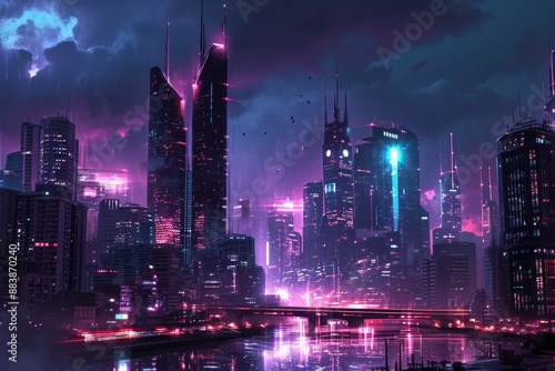 Wallpaper Mural Illuminated skyscrapers and futuristic architecture in a city at night, showcasing modern urban development, Concept art for a futuristic city skyline at night. Ai generated Torontodigital.ca