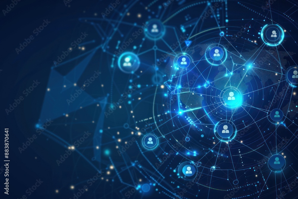 Abstract digital network with glowing icons of people and a circle on a black background for a social media Abstract digital network with glowing icons of people and a circle on a black background for a social media
