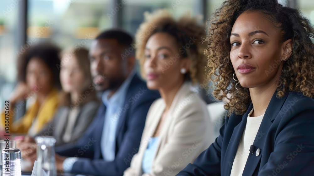 Group of professional people sitting at a table in a boardroom listening to one woman talking about business strategy. Group of professional people sitting at a table in a boardroom listening to one woman talking about business strategy.