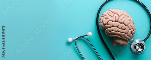 Obraz na płótnie : A detailed brain model sits next to a stethoscope on a bright background. This image symbolizes neurological and psychological care, emphasizing the importance of mental health and medical atte w salonie