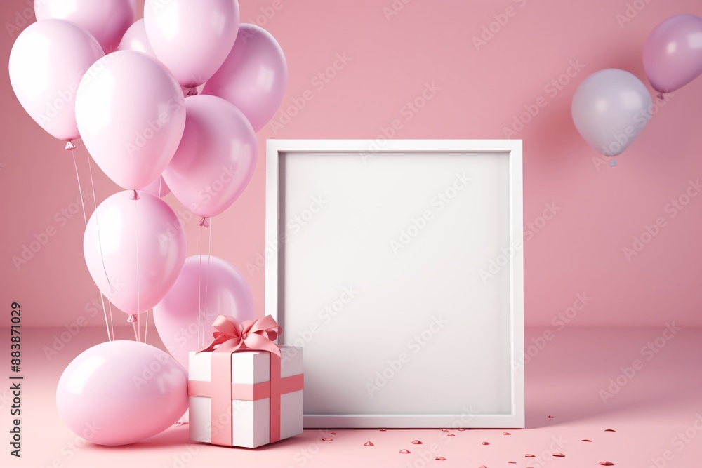 a white frame with pink balloons and a gift a white frame with pink balloons and a gift