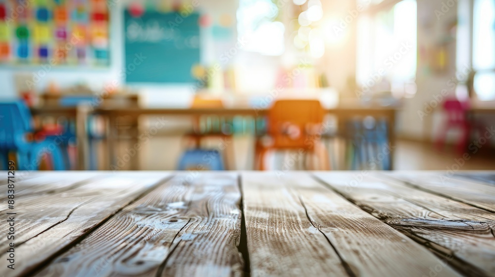 Wooden table top illuminated by shiny light, set against a blurred, colorful classroom background, ideal for product display or montage. Wooden table top illuminated by shiny light, set against a blurred, colorful classroom background, ideal for product display or montage.