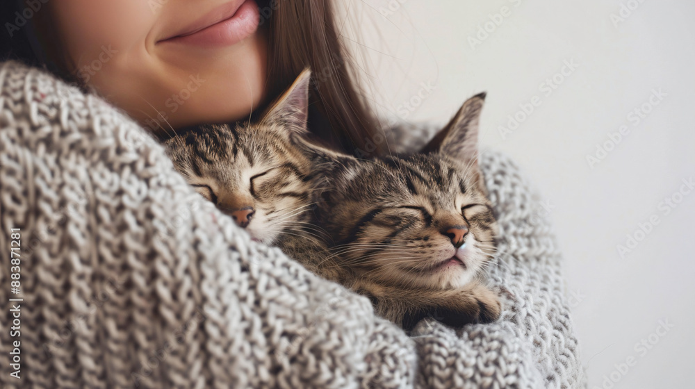 Woman Holding Two Sleeping Kittens. Woman Holding Two Sleeping Kittens.