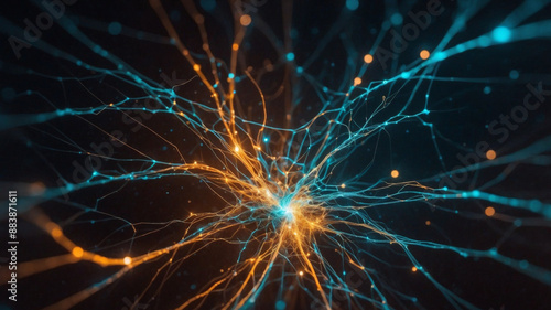 A glowing, swirling, web of bright blue and orange light threads.