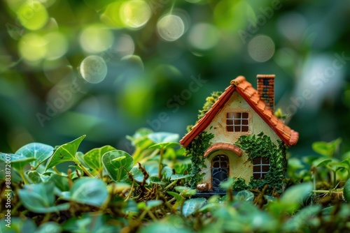 Wallpaper Mural A miniature house in shape green leaves blurred green sunny nature background Torontodigital.ca