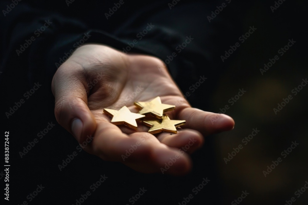 a person holding three shine gold stars in his hand on a black background a person holding three shine gold stars in his hand on a black background