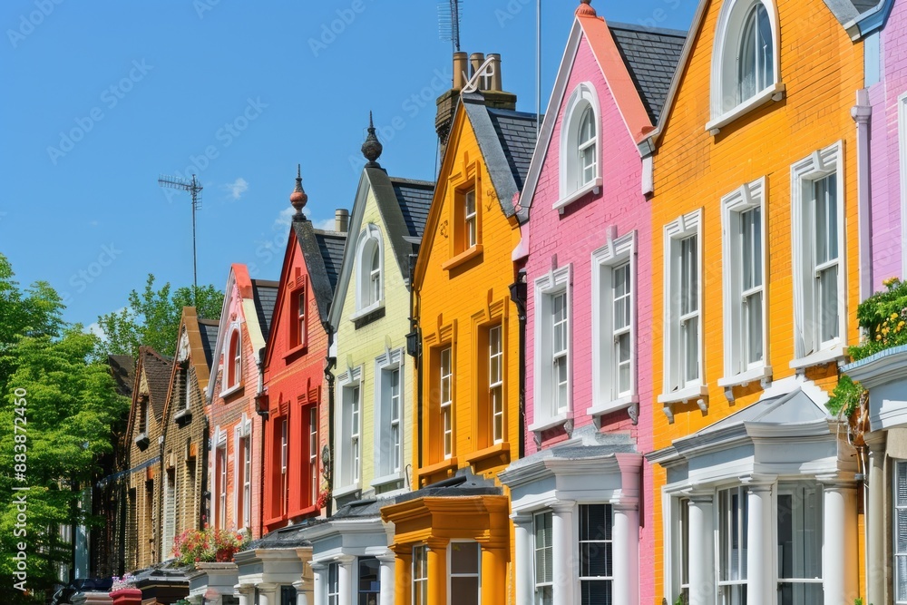 Fototapeta premium A picturesque row of brightly colored townhouses under a clear blue sky in a charming neighborhood