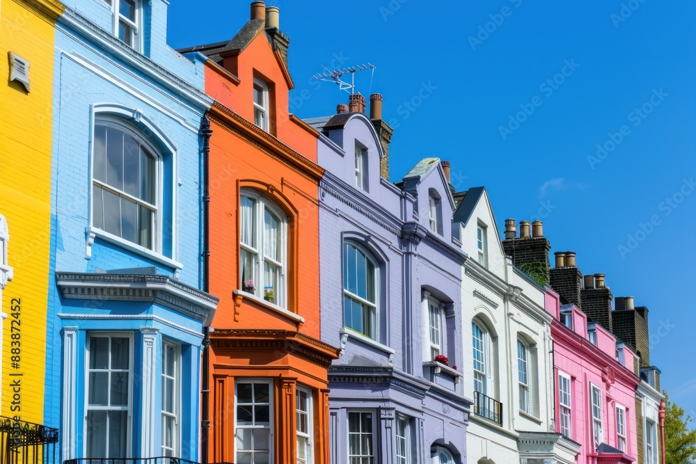 Obraz premium A picturesque row of brightly colored townhouses under a clear blue sky in a charming neighborhood