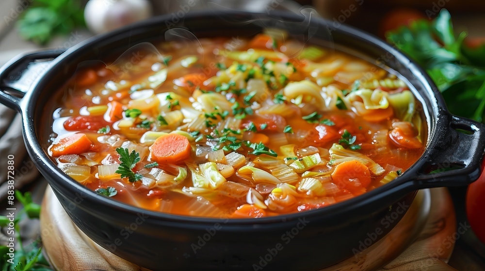 Steaming Vegetable Soup in Black Pot Steaming Vegetable Soup in Black Pot